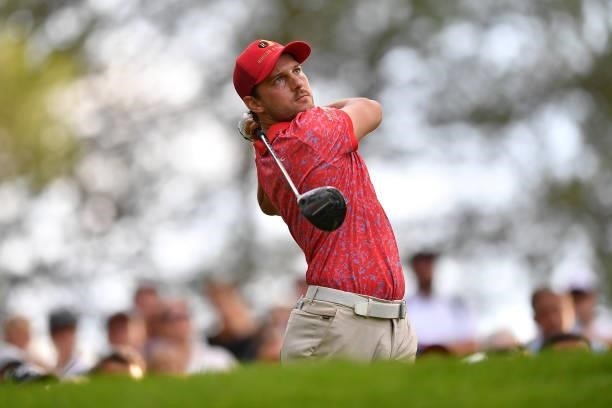 Lukas Nemecz of Austria plays his tee shot on the 18th hole during Day Three of the Hopps Open de Provence at Golf International de Pont Royal on...