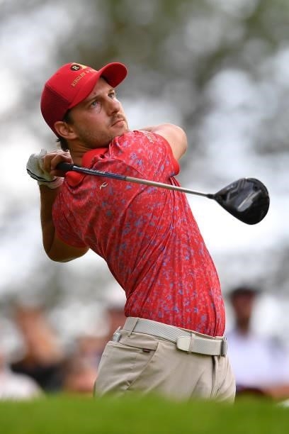 Lukas Nemecz of Austria plays his tee shot on the 18th hole during Day Three of the Hopps Open de Provence at Golf International de Pont Royal on...
