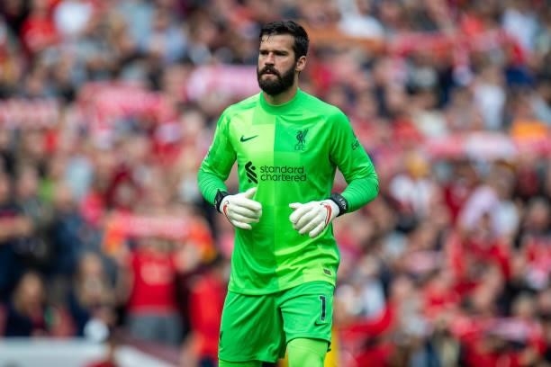Alisson Becker of Liverpool during the Premier League match between Liverpool and Crystal Palace at Anfield on September 18, 2021 in Liverpool,...