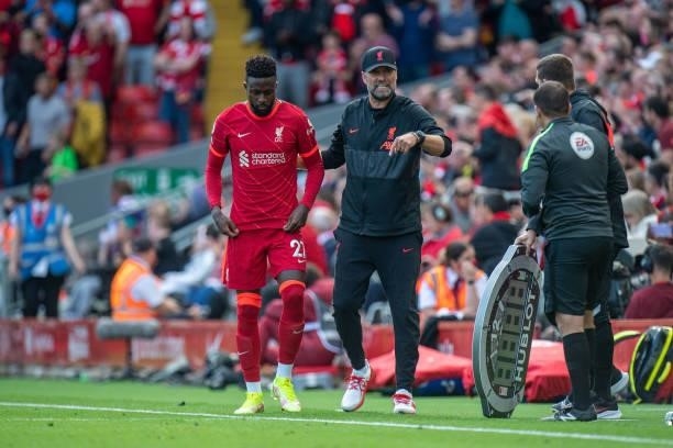 Manager Jürgen Klopp of Liverpool and Divock Origi during the Premier League match between Liverpool and Crystal Palace at Anfield on September 18,...