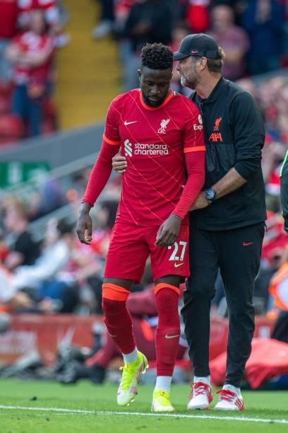 Manager Jürgen Klopp of Liverpool and Divock Origi during the Premier League match between Liverpool and Crystal Palace at Anfield on September 18,...