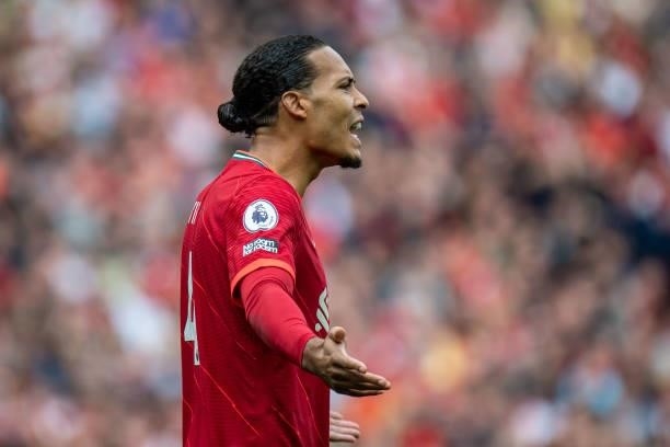 Virgil van Dijk of Liverpool during the Premier League match between Liverpool and Crystal Palace at Anfield on September 18, 2021 in Liverpool,...