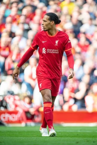 Virgil van Dijk of Liverpool during the Premier League match between Liverpool and Crystal Palace at Anfield on September 18, 2021 in Liverpool,...