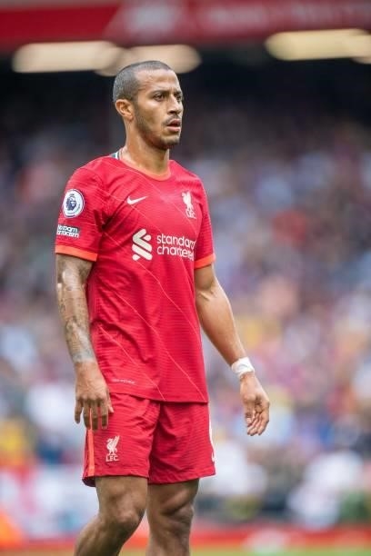 Thiago Alcântara of Liverpool during the Premier League match between Liverpool and Crystal Palace at Anfield on September 18, 2021 in Liverpool,...