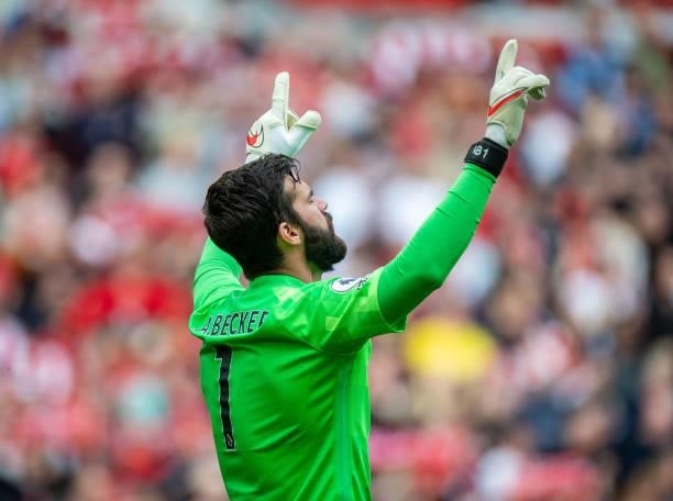 Alisson Becker of Liverpool during the Premier League match between Liverpool and Crystal Palace at Anfield on September 18, 2021 in Liverpool,...