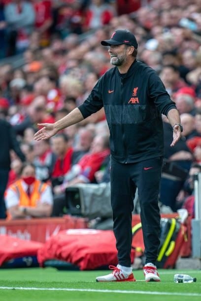 Manager Jürgen Klopp of Liverpool during the Premier League match between Liverpool and Crystal Palace at Anfield on September 18, 2021 in Liverpool,...