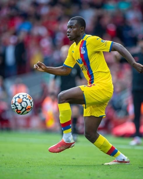 Tyrick Mitchell of Crystal Palace during the Premier League match between Liverpool and Crystal Palace at Anfield on September 18, 2021 in Liverpool,...