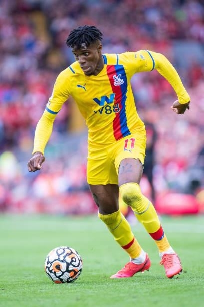 Wilfried Zaha of Crystal Palace during the Premier League match between Liverpool and Crystal Palace at Anfield on September 18, 2021 in Liverpool,...