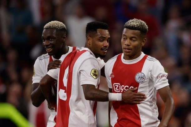 David Neres of Ajax celebrates 9-0 with Mohamed Daramy of Ajax, Danilo Pereira of Ajax during the Dutch Eredivisie match between Ajax v SC Cambuur at...