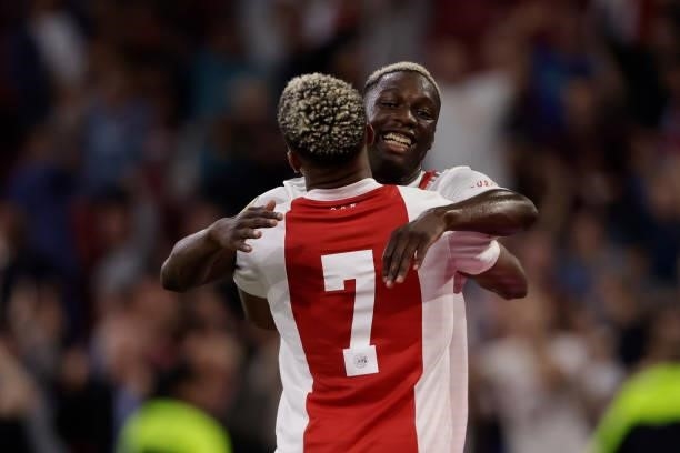 David Neres of Ajax celebrates 9-0 with Mohamed Daramy of Ajax during the Dutch Eredivisie match between Ajax v SC Cambuur at the Johan Cruijff Arena...