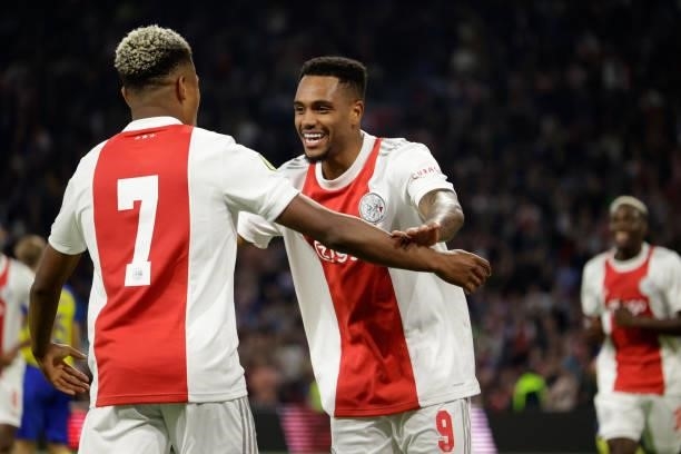 Danilo Pereira of Ajax celebrates 8-0 with David Neres of Ajax during the Dutch Eredivisie match between Ajax v SC Cambuur at the Johan Cruijff Arena...