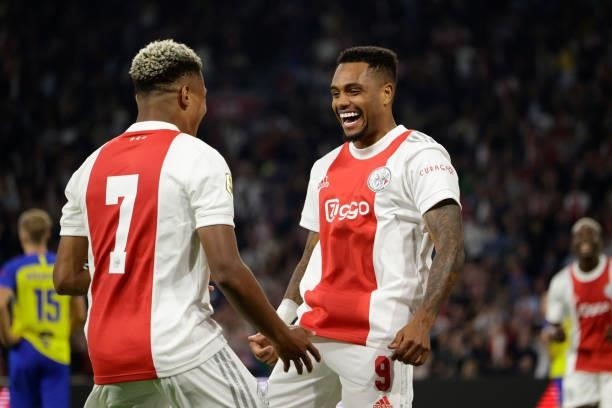 Danilo Pereira of Ajax celebrates 8-0 with David Neres of Ajax during the Dutch Eredivisie match between Ajax v SC Cambuur at the Johan Cruijff Arena...