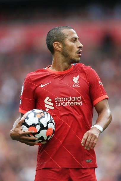 Thiago Alcantara of Liverpool holds the ball during the Premier League match between Liverpool and Crystal Palace at Anfield on September 18, 2021 in...