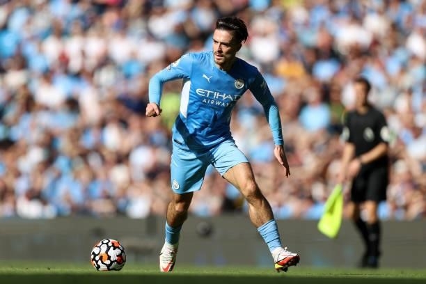 Jack Grealish of Man City during the Premier League match between Manchester City and Southampton at Etihad Stadium on September 18, 2021 in...