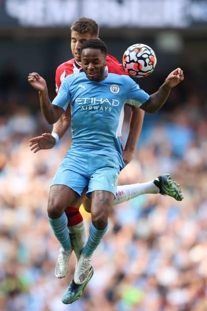 Jan Bednarek of Southampton and Raheem Sterling of Man City during the Premier League match between Manchester City and Southampton at Etihad Stadium...
