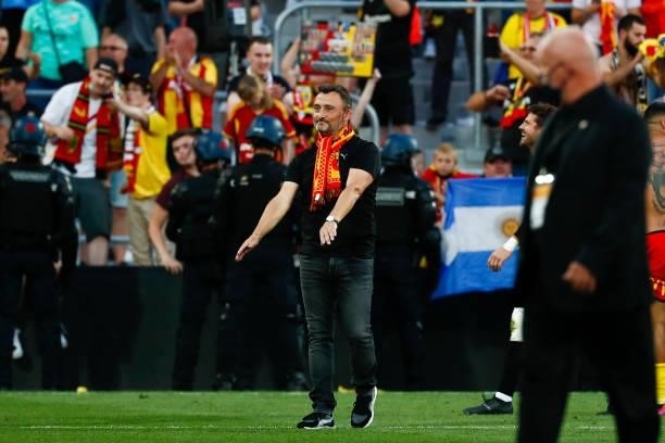 Franck Haise Head Coach of RC Lens celebrates with the fans the victory of the Ligue 1 Uber Eats match between Lens and Lille at Stade...