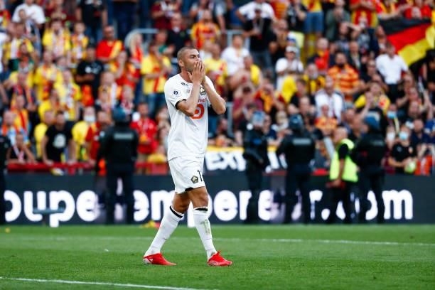 Burak Yilmaz of Lille OSC reacts to a play during the Ligue 1 Uber Eats match between Lens and Lille at Stade Bollaert-Delelis on September 18, 2021...