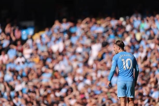 Jack Grealish of Manchester City during the Premier League match between Manchester City and Southampton at Etihad Stadium on September 18, 2021 in...