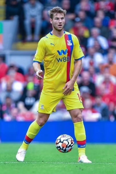 Joachim Andersen of Crystal Palace during the Premier League match between Liverpool and Crystal Palace at Anfield on September 18, 2021 in...