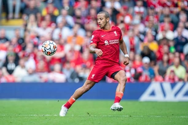 Thiago of Liverpool during the Premier League match between Liverpool and Crystal Palace at Anfield on September 18, 2021 in Liverpool, England.