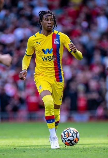 Michael Olise of Crystal Palace control ball during the Premier League match between Liverpool and Crystal Palace at Anfield on September 18, 2021 in...