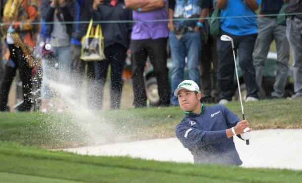 Hideki Matsuyama of Japan plays a bunker shot on the first hole during the third round of the Fortinet Championship at Silverado Resort and Spa North...