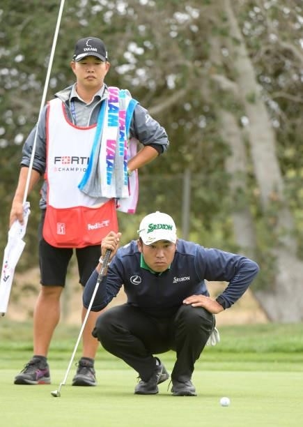 Hideki Matsuyama studies his putt on the third hole during the third round of the Fortinet Championship at Silverado Resort and Spa North on...