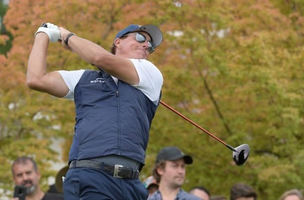 Phil Mickelson takes a practice swing on the first hole during the third round of the Fortinet Championship at Silverado Resort and Spa North on...