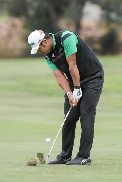 Hideki Matsuyama plays his third shot on the fifth hole during the third round of the Fortinet Championship at Silverado Resort and Spa North on...