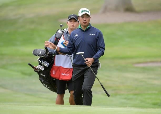 Hideki Matsuyama approaches his ball on the fourth hole during the third round of the Fortinet Championship at Silverado Resort and Spa North on...