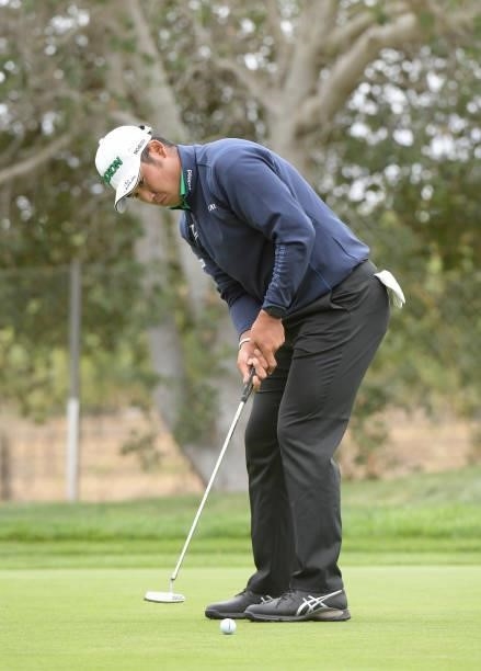 Hideki Matsuyama hits a putt on the third hole during the third round of the Fortinet Championship at Silverado Resort and Spa North on September 18,...