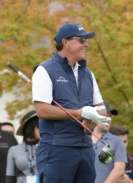 Phil Mickelson watches play on the first hole during the third round of the Fortinet Championship at Silverado Resort and Spa North on September 18,...