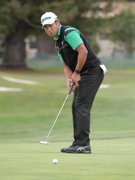 Hideki Matsuyama of Japan watches his putt on the fifth hole during the third round of the Fortinet Championship at Silverado Resort and Spa North on...