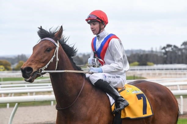 Jye McNeil returns to the mounting yard on Wicklow Town after winning the Sportsbet Gold Nugget at Sportsbet-Ballarat Racecourse on September 19,...