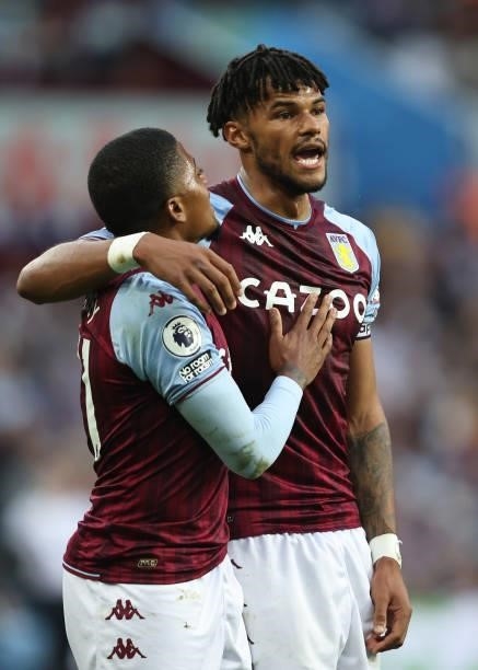 Tyrone Mings and Leon Bailey of Aston Villa during the Premier League match between Aston Villa and Everton at Villa Park on September 18, 2021 in...