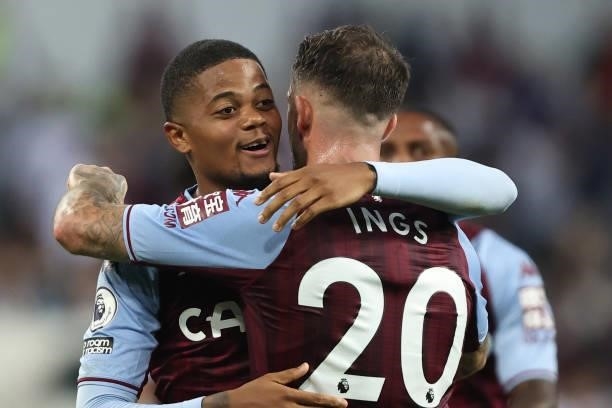 Leon Bailey and Danny Ings of Aston Villa celebrate during the Premier League match between Aston Villa and Everton at Villa Park on September 18,...