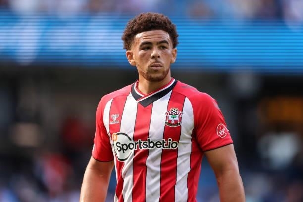 Che Adams of Southampton during the Premier League match between Manchester City and Southampton at Etihad Stadium on September 18, 2021 in...