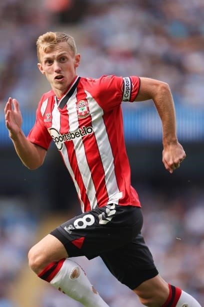 James Ward-Prowse of Southampton during the Premier League match between Manchester City and Southampton at Etihad Stadium on September 18, 2021 in...