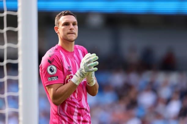 Alex McCarthy of Southampton during the Premier League match between Manchester City and Southampton at Etihad Stadium on September 18, 2021 in...