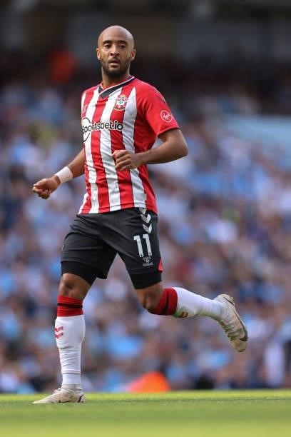 Nathan Redmond of Southampton during the Premier League match between Manchester City and Southampton at Etihad Stadium on September 18, 2021 in...