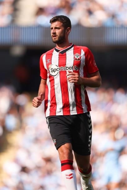 Jack Stephens of Southampton during the Premier League match between Manchester City and Southampton at Etihad Stadium on September 18, 2021 in...