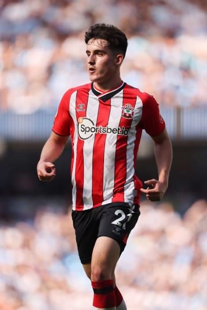 Tino Livramento of Southampton during the Premier League match between Manchester City and Southampton at Etihad Stadium on September 18, 2021 in...