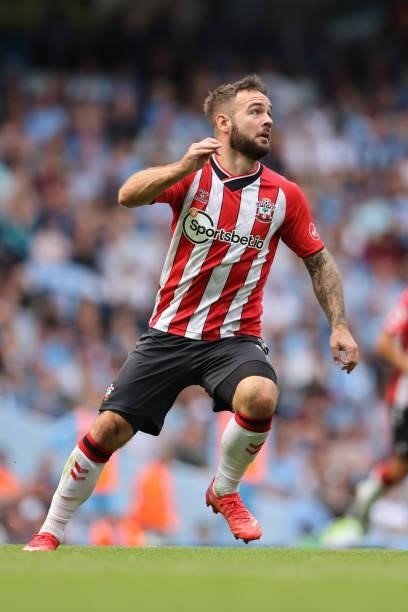 Adam Armstrong of Southampton during the Premier League match between Manchester City and Southampton at Etihad Stadium on September 18, 2021 in...