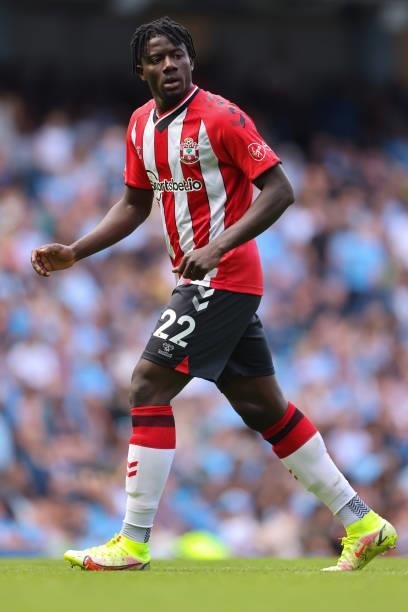 Mohammed Salisu of Southampton during the Premier League match between Manchester City and Southampton at Etihad Stadium on September 18, 2021 in...