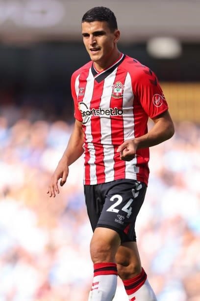 Mohamed Elyounoussi of Southampton during the Premier League match between Manchester City and Southampton at Etihad Stadium on September 18, 2021 in...
