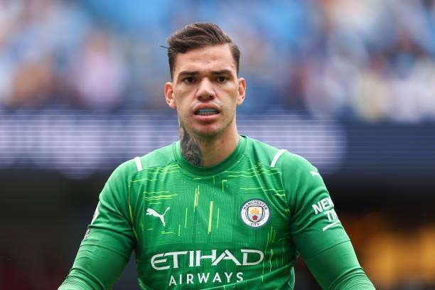 Ederson of Manchester City during the Premier League match between Manchester City and Southampton at Etihad Stadium on September 18, 2021 in...