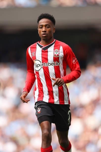 Kyle Walker-Peters of Southampton during the Premier League match between Manchester City and Southampton at Etihad Stadium on September 18, 2021 in...