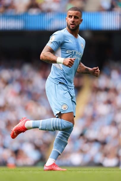 Kyle Walker of Manchester City during the Premier League match between Manchester City and Southampton at Etihad Stadium on September 18, 2021 in...