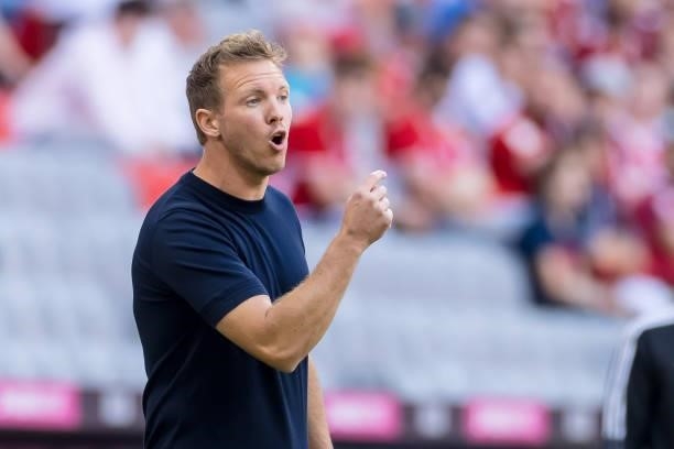 Head coach Julian Nagelsmann of Bayern Muenchen gestures during the Bundesliga match between FC Bayern Muenchen and VfL Bochum at Allianz Arena on...