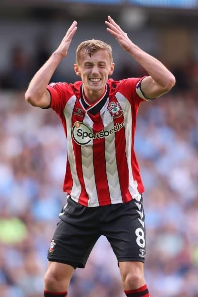 James Ward-Prowse of Southampton gets emotional during the Premier League match between Manchester City and Southampton at Etihad Stadium on...